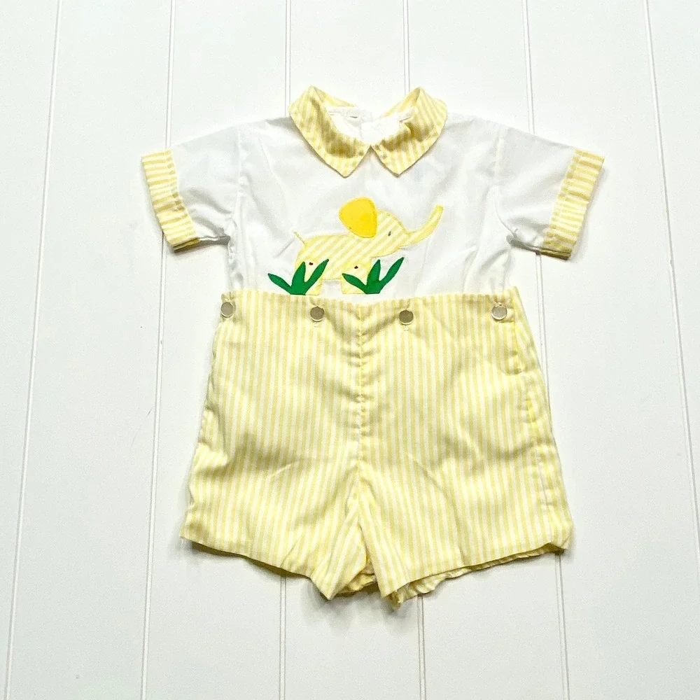 Vintage Jayne Copeland Elephant Romper, Yellow Stripe Jon Jon, 18 Months‎